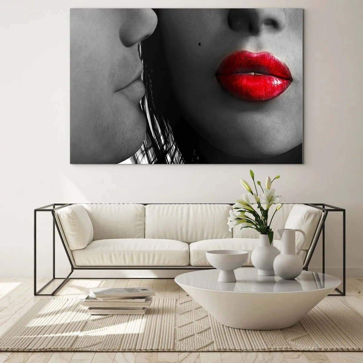 Glasbild - Bild auf glas - Sinnliche Lippen in einer kontrastreichen Aufnahme - 70x50cm - Gesicht am Gesicht - Moderne Wanddekoration für Wohnzimmer und Schlafzimmer ARTTOR