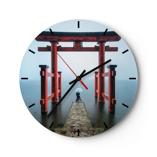 Wanduhr - Glasuhr - Rotes Torii-Tor über stillem Wasser im Nebel - 30x30cm - Japanische Träumerei - Moderne Wanddekoration für Wohnzimmer, Küche und Schlafzimmer ARTTOR