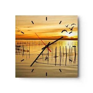Wanduhr - Glasuhr - Sonnenuntergang über dem Wasser mit Vögeln im Flug - 30x30cm - In der Fischerei - Moderne Wanddekoration für Wohnzimmer und Schlafzimmer ARTTOR