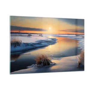 Glasbild - Bild auf glas - Winterlandschaft mit Sonnenuntergang über einem zugefrorenen Fluss - 120x80cm - Wintersonnenuntergang - Moderne Wanddekoration für Wohnzimmer und Schlafzimmer ARTTOR