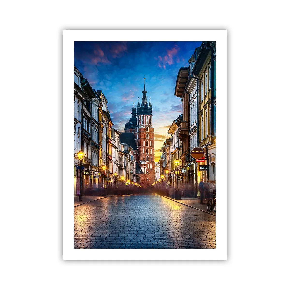 Poster - Abendansicht der Grodzka-Straße und der Marienkirche in Krakau - 50x70cm - Krakauer Charme - Moderne Wanddekoration für Wohnzimmer und Schlafzimmer ARTTOR