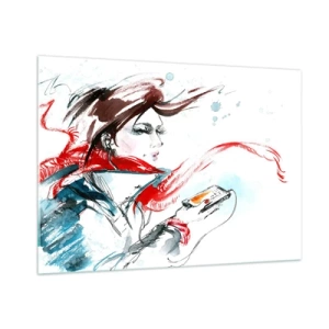 Glasbild - Bild auf glas - Eine Frau mit einem roten Schal mit dynamischen, skizzenhaften Details. - 100x70cm - Mit mir stimmt was nicht - Moderne Wanddekoration für Wohnzimmer und Schlafzimmer ARTTOR