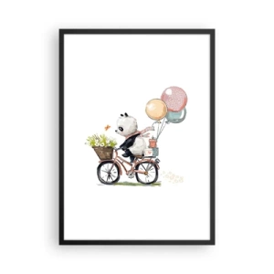 Poster in einem schwarzem Rahmen - Panda auf einem Fahrrad mit Luftballons und Blumen im Märchenstil - 50x70cm - Glücklicher Tag - Moderne Wanddekoration für Wohnzimmer und Schlafzimmer ARTTOR