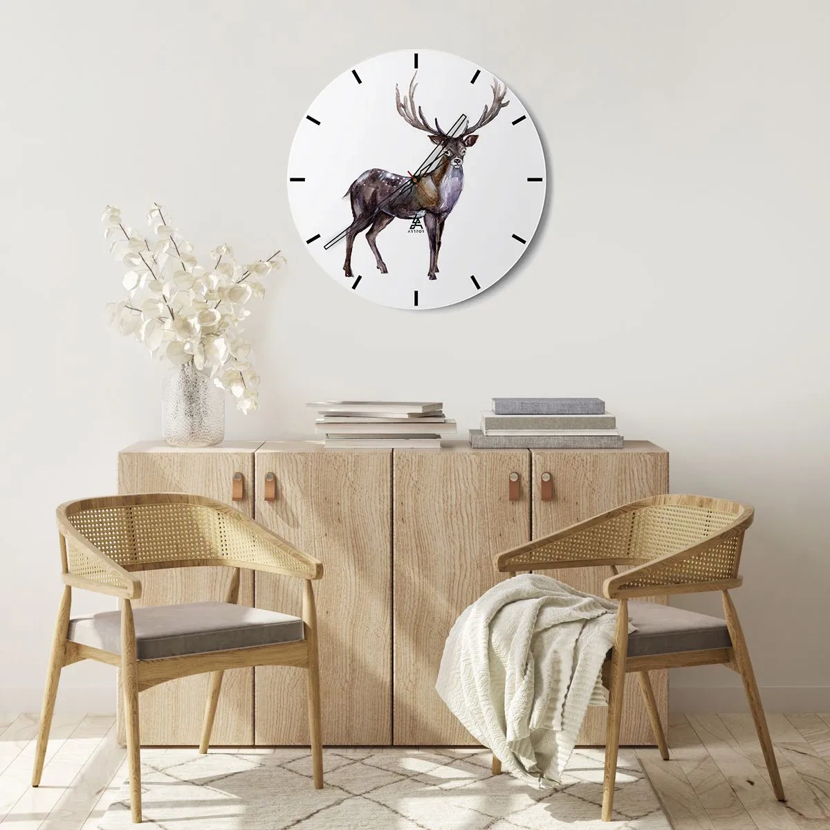 Wanduhr - Glasuhr - Aquarellbild eines Hirsches - 30x30cm - König des nördlichen Waldes - Moderne Wanddekoration für Wohnzimmer, Küche und Schlafzimmer ARTTOR