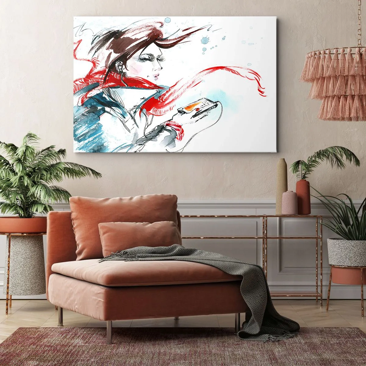 Bild auf Leinwand - Leinwandbild - Eine Frau in einem roten Schal mit dynamischen Aquarellstrichen - 70x50cm - Mit mir stimmt was nicht - Moderne Wanddekoration für Wohnzimmer und Schlafzimmer ARTTOR