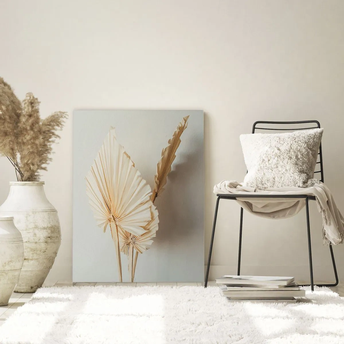 Glasbild - Bild auf glas - Getrocknete Palmblätter in minimalistischem Arrangement - 80x120cm - Wenn Sie Erleichterung brauchen - Moderne Wanddekoration für Wohnzimmer und Schlafzimmer ARTTOR