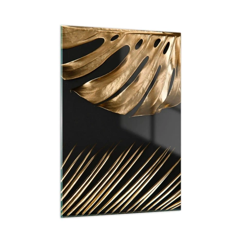 Glasbild - Bild auf glas - Goldene Palmblätter und Monsteras auf schwarzem Hintergrund - 50x70cm - Anders und genauso teuer - Moderne Wanddekoration für Wohnzimmer und Schlafzimmer ARTTOR
