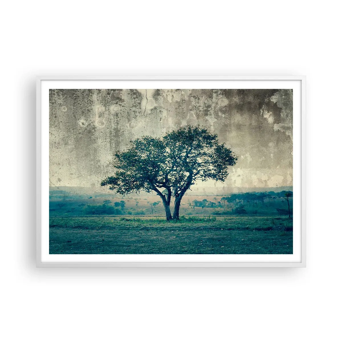 Poster in einem weißen Rahmen - Ein Apfelbaum auf blauem Feld? - 100x70 cm