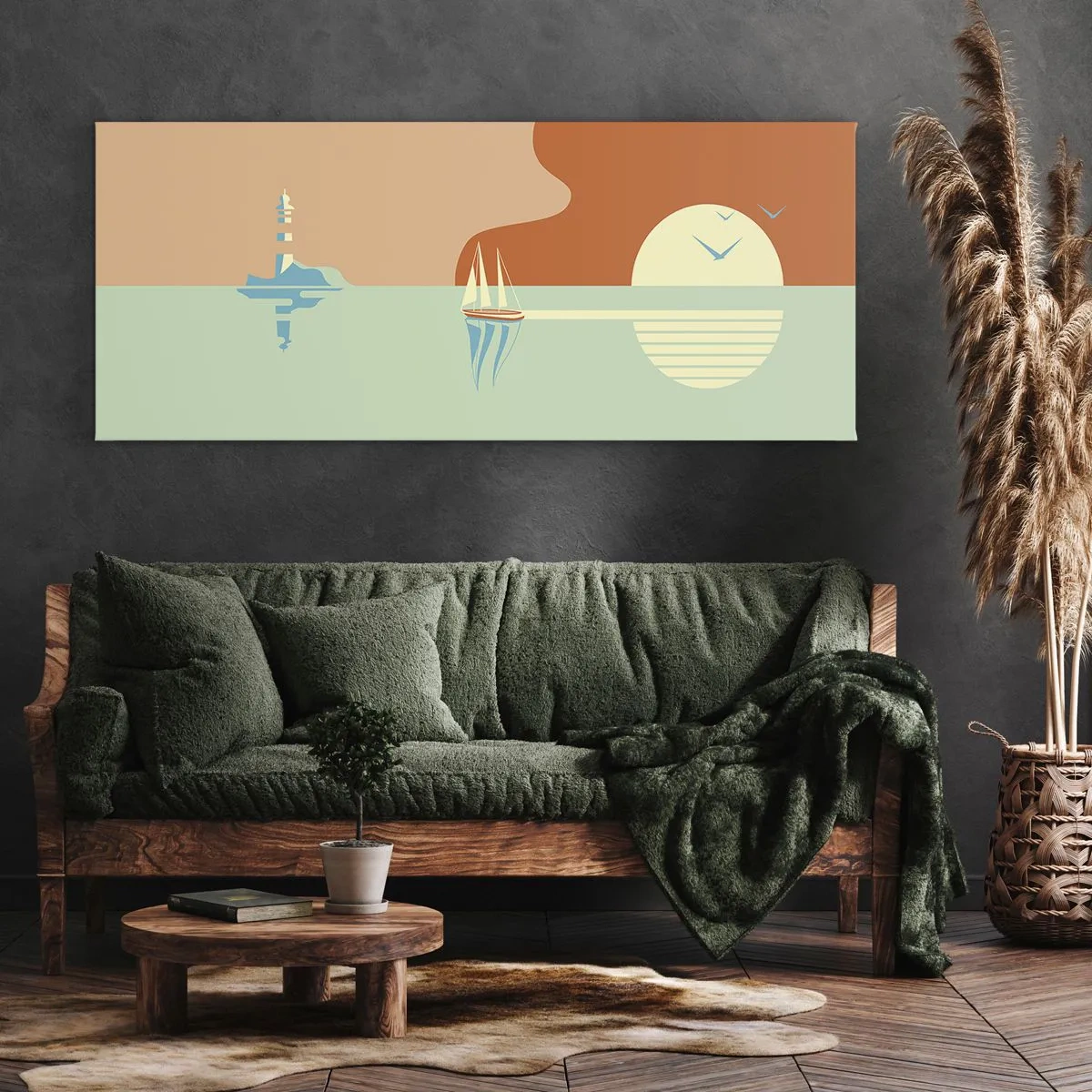 Bild auf Leinwand - Leinwandbild - Eine minimalistische Meereslandschaft mit einem Segelboot und einem Sonnenuntergang - 120x50cm - Die perfekte Meereslandschaft - Moderne Wanddekoration für Wohnzimmer und Schlafzimmer ARTTOR