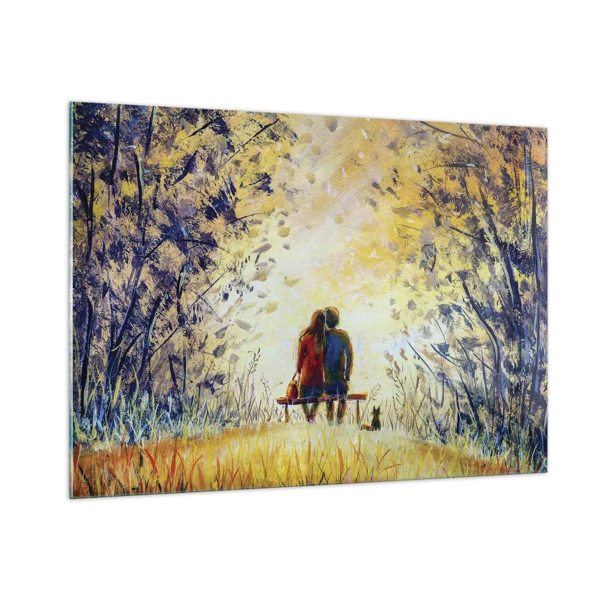 Glasbild - Bild auf glas - Ein Paar auf einer Bank in einem magischen Moment - 100x70cm - Magischer Augenblick - Moderne Wanddekoration für Wohnzimmer und Schlafzimmer ARTTOR