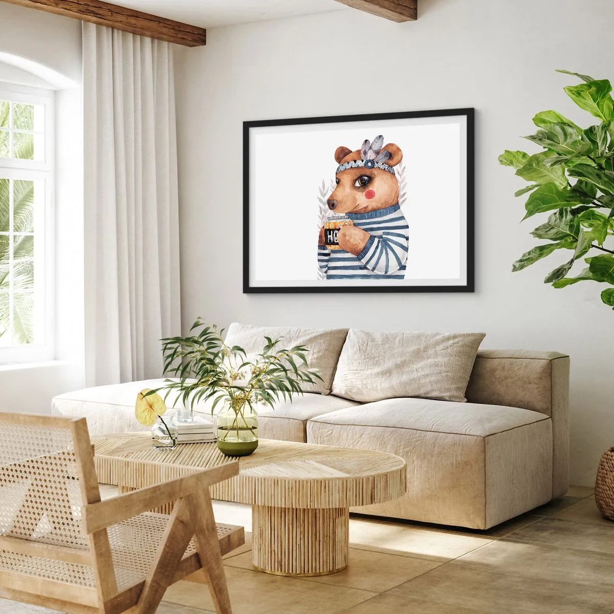 Poster in einem schwarzem Rahmen - Ein Teddybär im gestreiften Pullover mit einer Tasse Honig - 70x50cm - Süße Bärin - Moderne Wanddekoration für Wohnzimmer und Schlafzimmer ARTTOR
