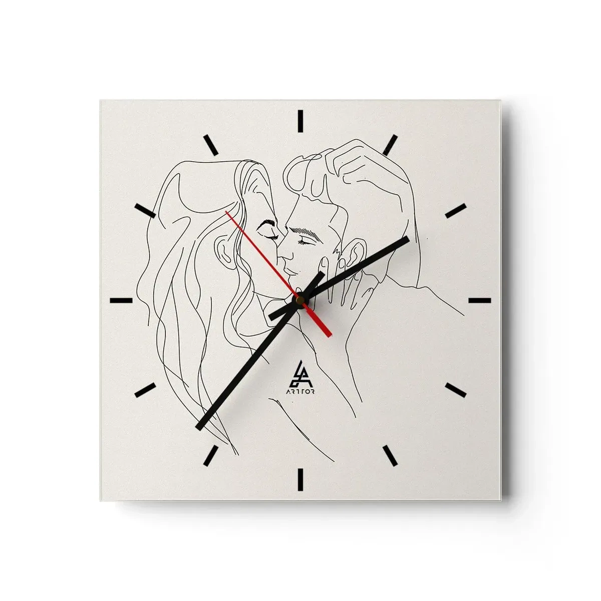 Wanduhr - Glasuhr - Eine minimalistische Illustration eines Paares in einer liebevollen Umarmung - 30x30cm - Verstrickt im Gefühl - Moderne Wanddekoration für Wohnzimmer und Schlafzimmer ARTTOR