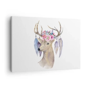 Bild auf Leinwand - Leinwandbild - Romantische Hirschgrafik mit Blumen und Federn - 70x50cm - Seelenführer - sanft, unschuldig - Moderne Wanddekoration für Wohnzimmer und Schlafzimmer ARTTOR
