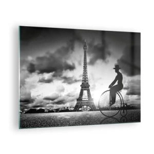 Glasbild - Bild auf glas - Eiffelturm mit Retro-Fahrrad in Schwarz und Weiß - 70x50cm - Sehnsucht nach Belle Epoque - Moderne Wanddekoration für Wohnzimmer und Schlafzimmer ARTTOR