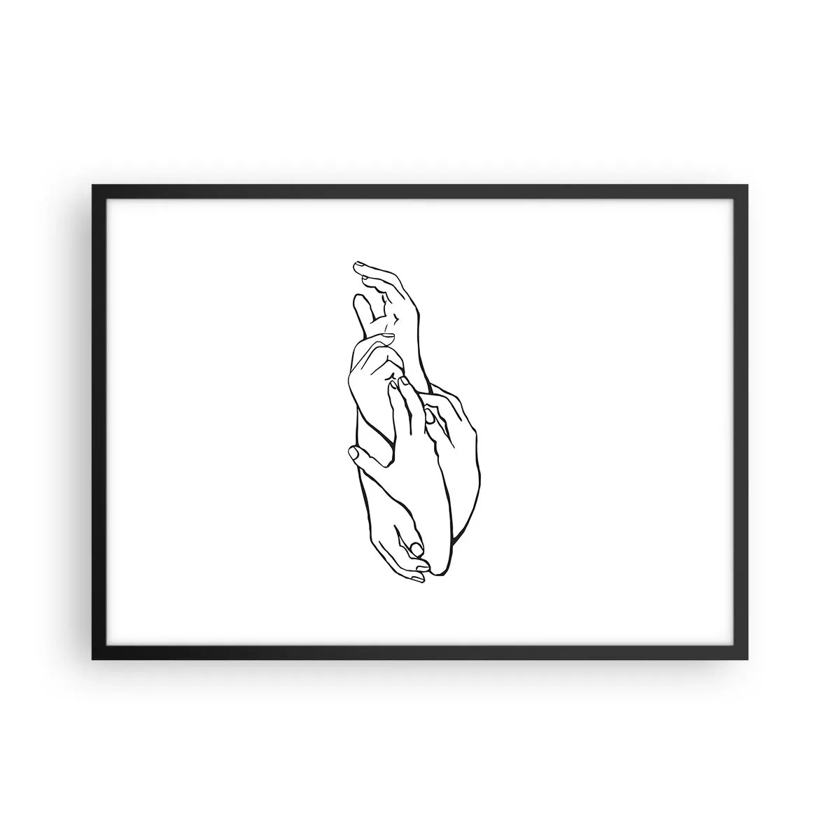 Poster in einem schwarzem Rahmen - Eine minimalistische Skizze von Händen, die in einer zarten Geste gefaltet sind. - 70x50cm - Gute Geste - Moderne Wanddekoration für Wohnzimmer und Schlafzimmer ARTTOR