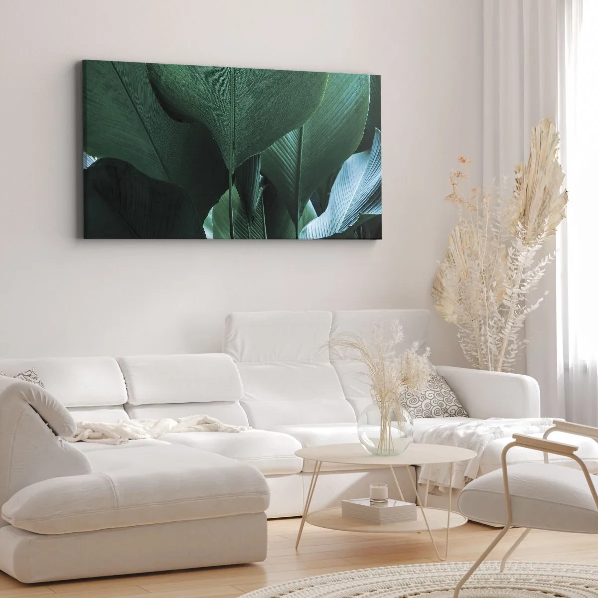 Bild auf Leinwand - Leinwandbild - Grüne Blätter in minimalistischer Komposition - 160x50cm - Dem Licht zugewandt - Moderne Wanddekoration für Wohnzimmer und Schlafzimmer ARTTOR