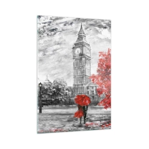 Glasbild - Bild auf glas - Big Ben mit einem roten Bus und Regenschirm vor einer Kulisse aus Herbstbäumen - 50x70cm - Ein aufregender Tag - Moderne Wanddekoration für Wohnzimmer und Schlafzimmer ARTTOR