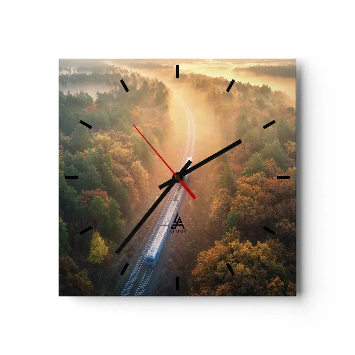Wanduhr - Glasuhr - Ein Zug in einem herbstlichen Wald im Morgengrauen - 30x30cm - Herbstreise - Moderne Wanddekoration für Wohnzimmer und Schlafzimmer ARTTOR