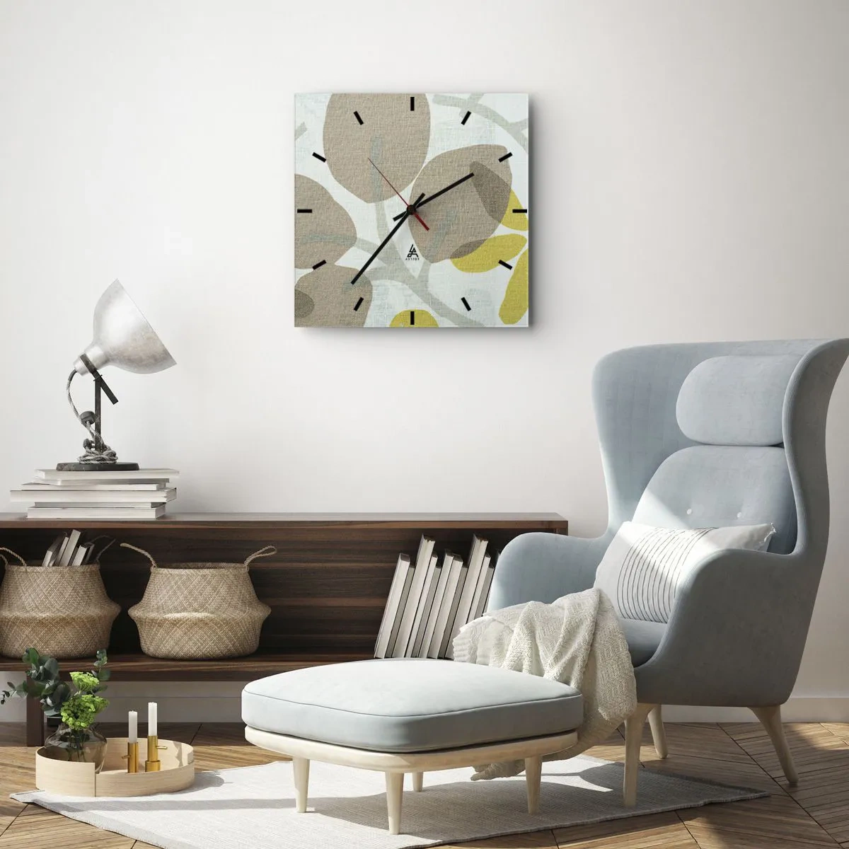 Wanduhr - Glasuhr - Abstrakte Blätter in Beige- und Gelbtönen - 30x30cm - Komposition in voller Sonne - Moderne Wanddekoration für Wohnzimmer und Schlafzimmer ARTTOR