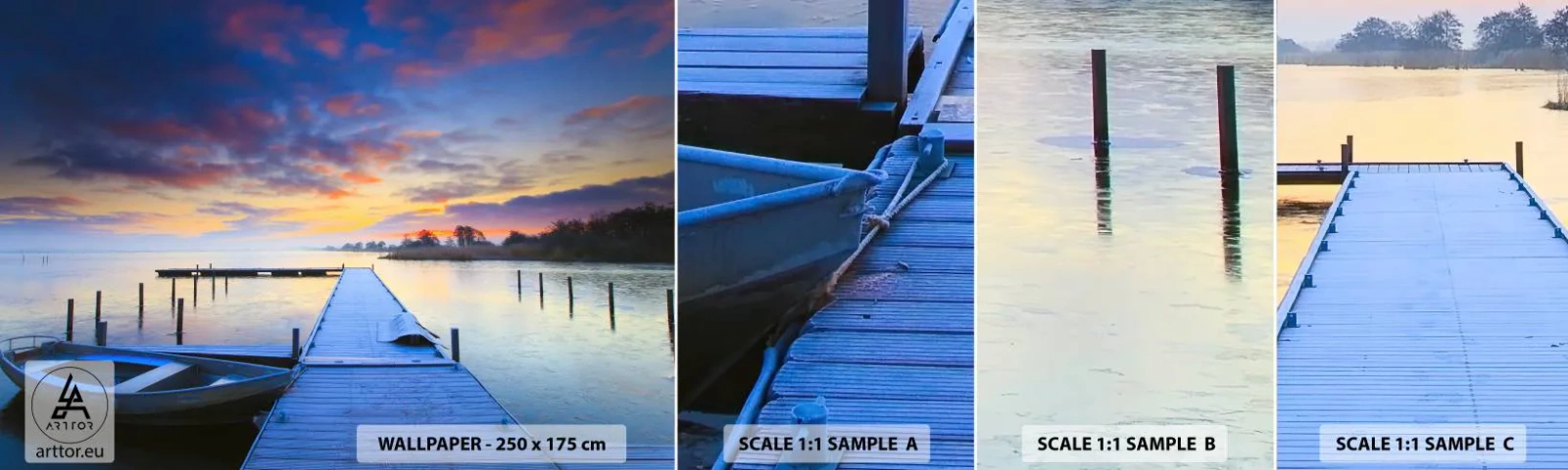 Fototapetenmuster Standard Eco - Violett-goldene Ruhe - Landschaft, See, Boot - 100x30 cm