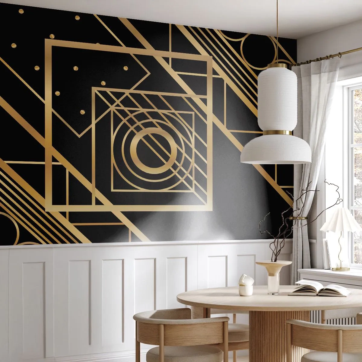 Fototapete Premium Sand - Künstlerische geometrische Komposition in Gold und Schwarz - 100x70cm - Goldene Geometrie - Moderne Wanddekoration für Wohnzimmer und Schlafzimmer ARTTOR