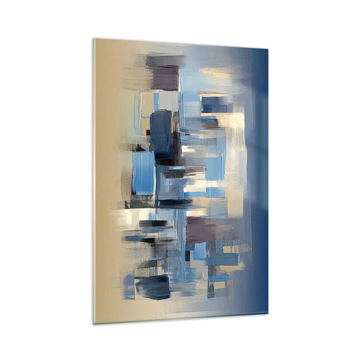 Glasbild - Bild auf glas - Geometrische Formen in Blau- und Beigetönen - 80x120cm - Blaue Konstruktion - Moderne Wanddekoration für Wohnzimmer und Schlafzimmer ARTTOR