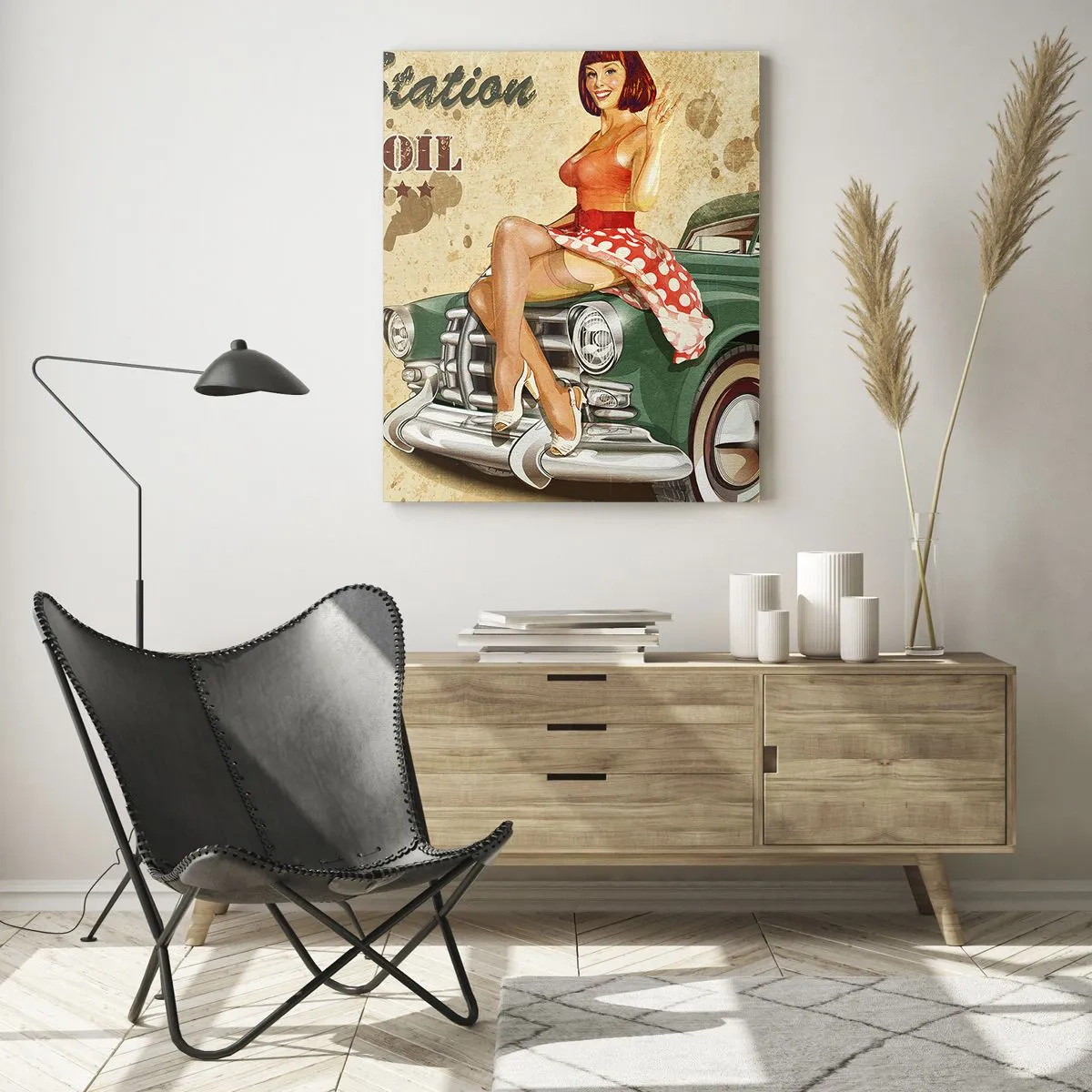 Glasbild - Bild auf glas - Retro-Route 66-Poster mit Pin-up-Girl und Auto - 80x120cm - Die großen Jahre der 40er. - Moderne Wanddekoration für Wohnzimmer und Schlafzimmer ARTTOR