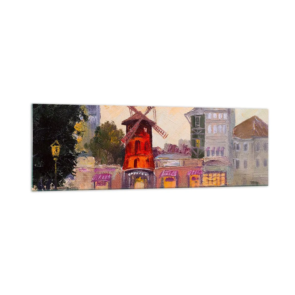 Glasbild - Bild auf glas - Die rote Windmühle des Moulin Rouge, umgeben von der Stadtlandschaft - 160x50cm - Pariser Ikonen – Moulin Rouge - Moderne Wanddekoration für Wohnzimmer und Schlafzimmer ARTTOR