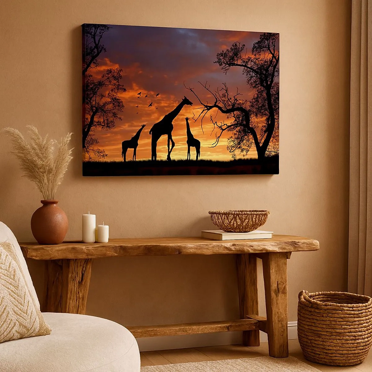 Bild auf Leinwand - Leinwandbild - Silhouetten von Giraffen vor dem Hintergrund des afrikanischen Sonnenuntergangs - 70x50cm - Ein kleines Abendessen mit deinen Liebsten - Moderne Wanddekoration für Wohnzimmer und Schlafzimmer ARTTOR