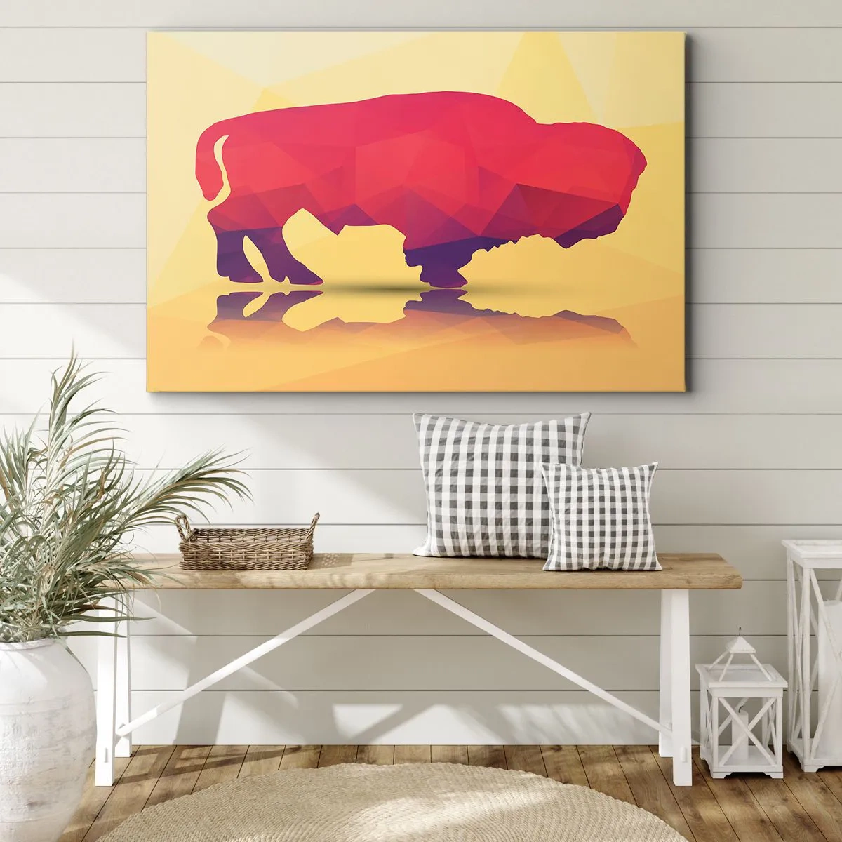 Bild auf Leinwand - Leinwandbild - Geometrische Silhouette eines Bisons in Rot- und Lilatönen - 120x80cm - Die Amaranth-Stärke des Bisons - Moderne Wanddekoration für Wohnzimmer und Schlafzimmer ARTTOR