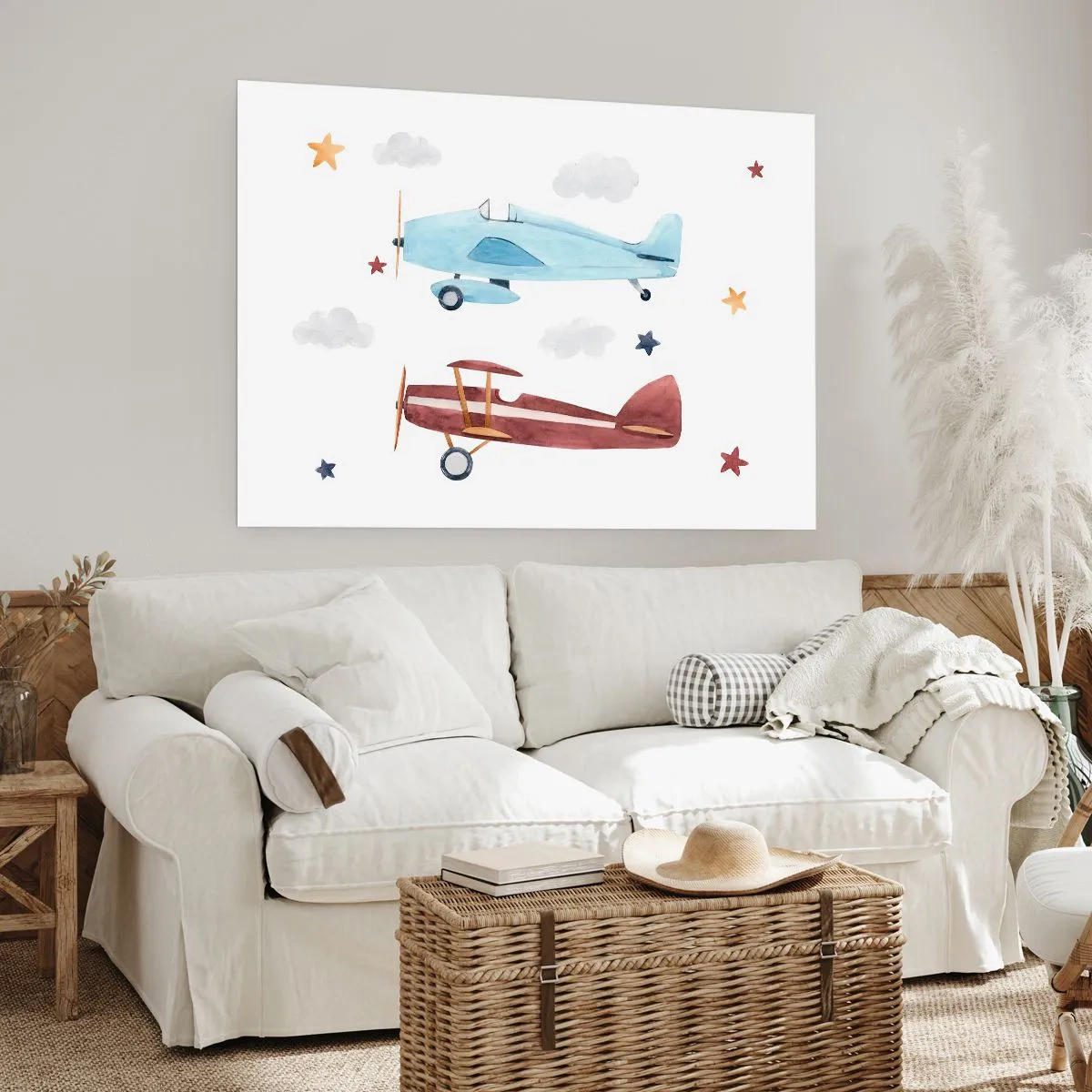 Poster - Handbemalte Flugzeuge vor einem Hintergrund aus Wolken und Sternen - 100x70cm - Wir warten, Herr Pilot! - Moderne Wanddekoration für Wohnzimmer und Schlafzimmer ARTTOR
