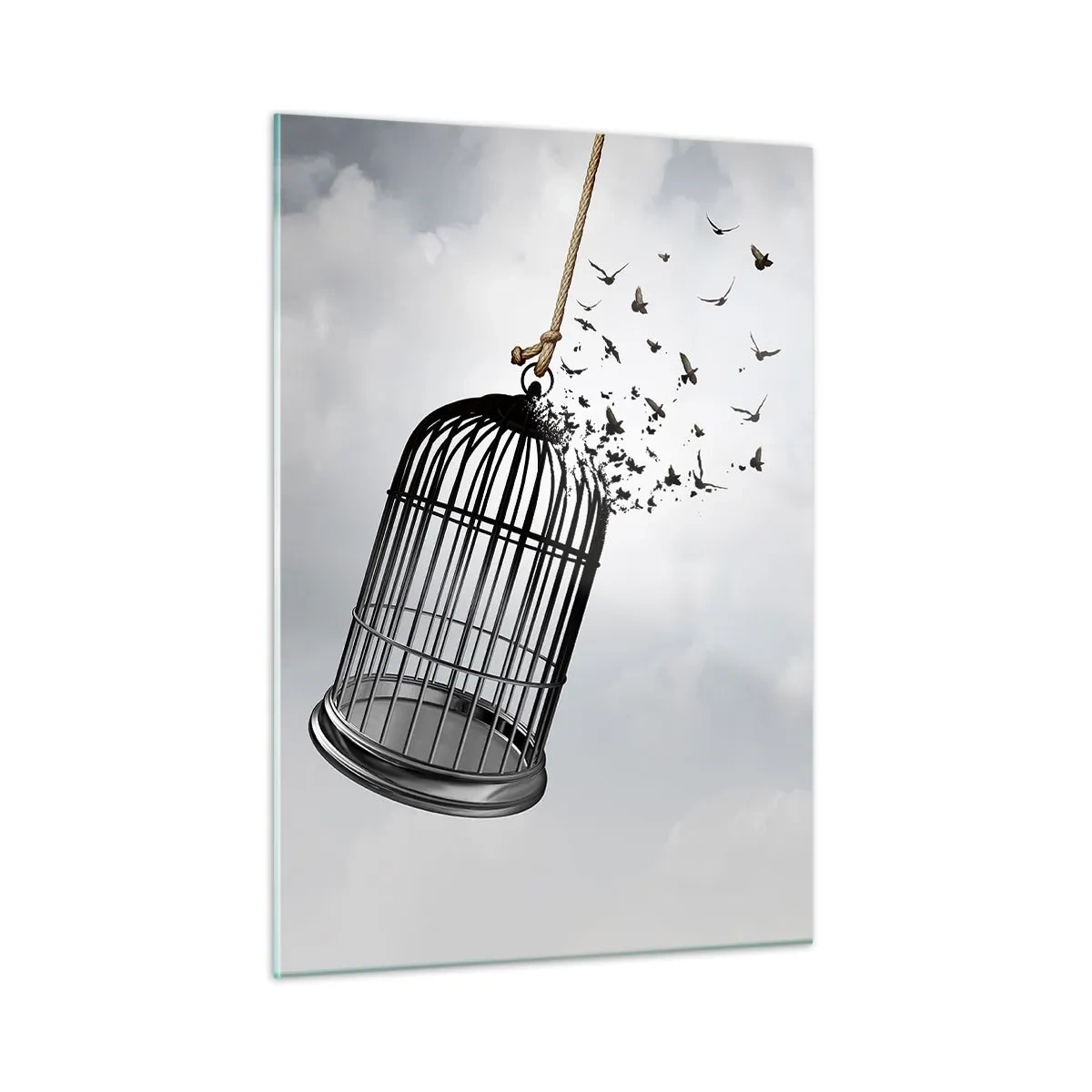 Glasbild - Bild auf glas - Die Öffnung des Käfigs und die Vögel, die aus ihm herausfliegen, gegen den Himmel - 50x70cm - Glaube ... Hoffnung ... Freiheit! - Moderne Wanddekoration für Wohnzimmer und Schlafzimmer ARTTOR