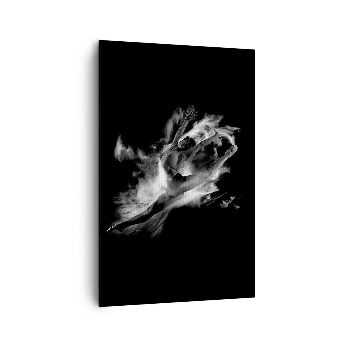 Bild auf Leinwand - Leinwandbild - Eine Tänzerin in dynamischer Pose vor schwarzem Hintergrund - 80x120cm - Im Flug hängen geblieben - Moderne Wanddekoration für Wohnzimmer und Schlafzimmer ARTTOR
