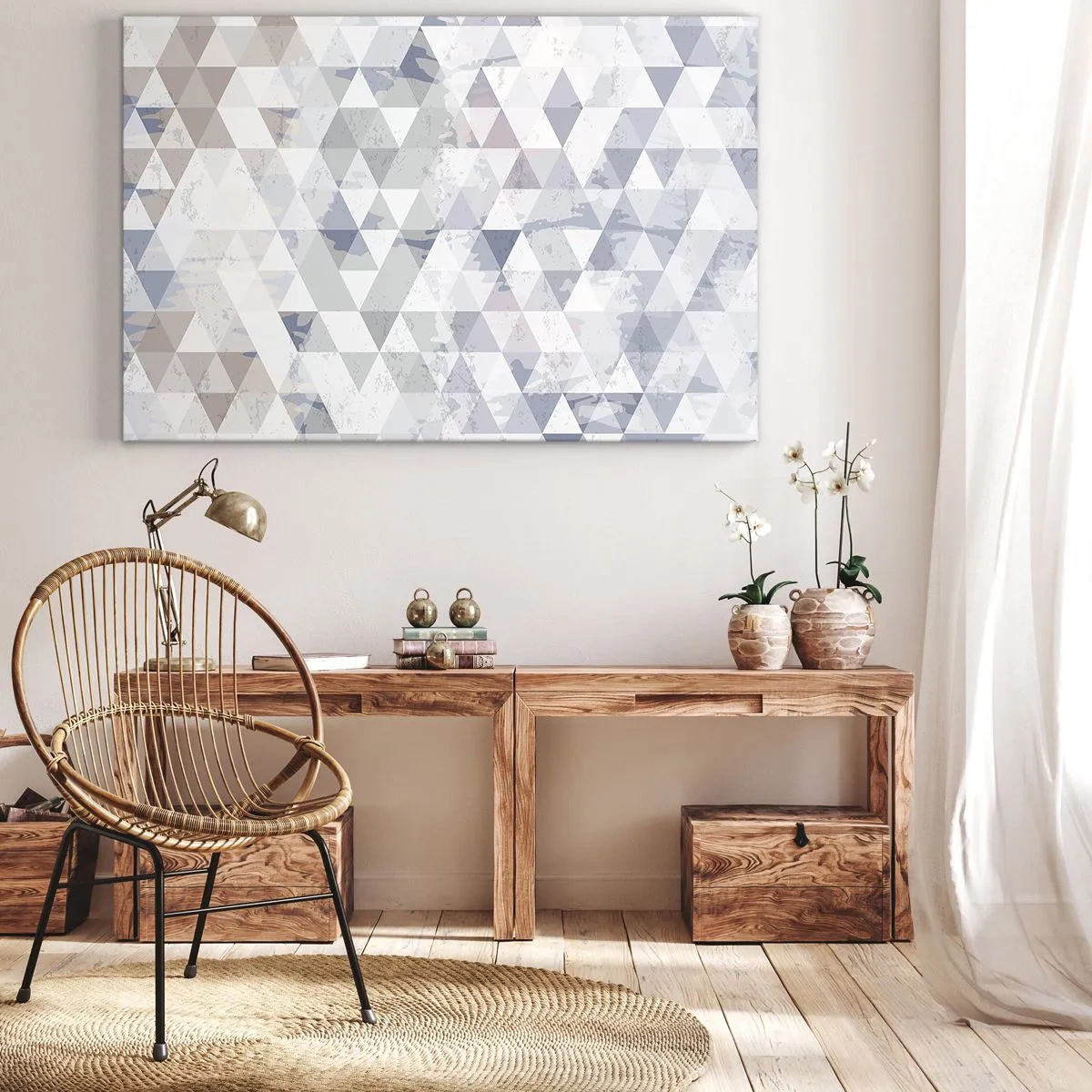 Bild auf Leinwand - Leinwandbild - Geometrisches Dreiecksmuster in Pastelltönen - 120x80cm - Im Rhythmus auf drei - Moderne Wanddekoration für Wohnzimmer und Schlafzimmer ARTTOR