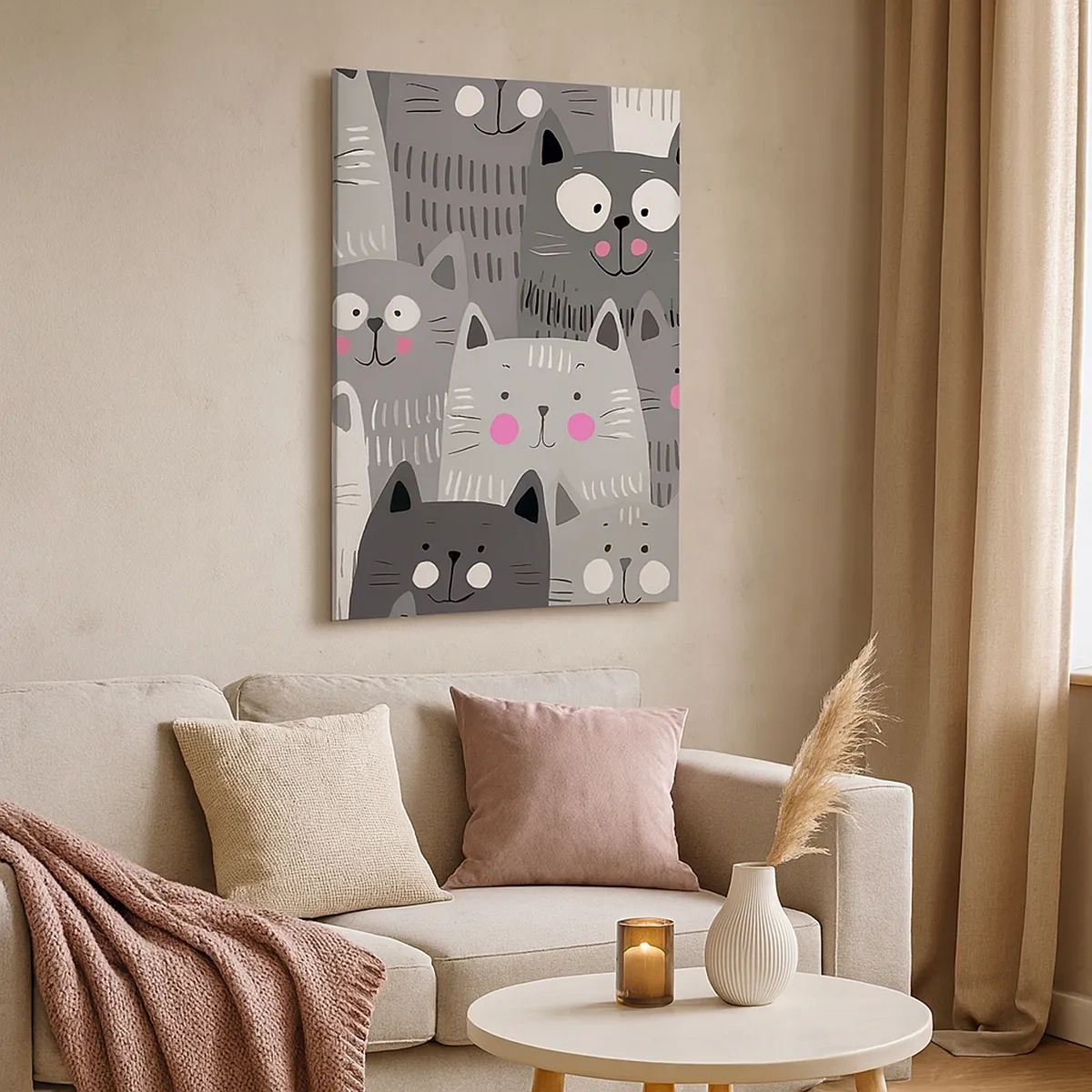 Bild auf Leinwand - Leinwandbild - Ein lustiges Muster mit Katzen in Grautönen - 50x70cm - Katzenwelt - Moderne Wanddekoration für Wohnzimmer und Schlafzimmer ARTTOR