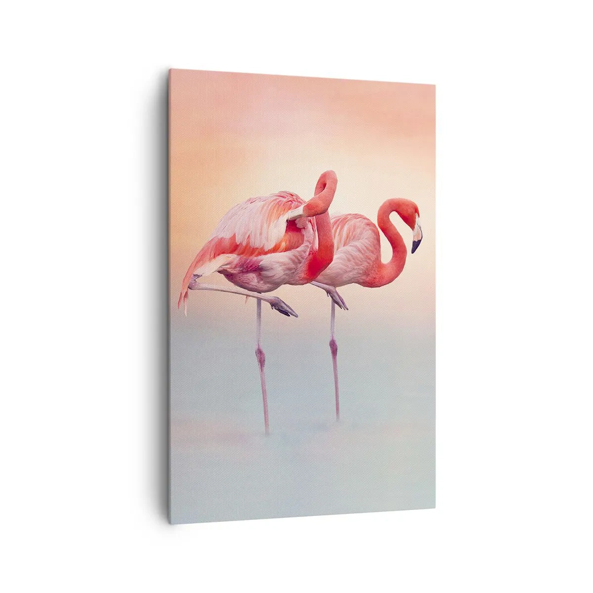 Bild auf Leinwand - Leinwandbild - Flamingos in zarten Pastellfarben auf Wasserhintergrund - 80x120cm - Die Farbe der untergehenden Sonne - Moderne Wanddekoration für Wohnzimmer und Schlafzimmer ARTTOR