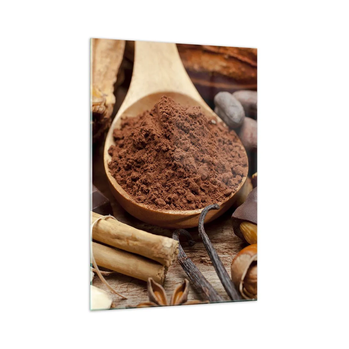 Glasbild - Bild auf glas - Ein Löffel Kakao- und Schokoladenzutaten in einem rustikalen Arrangement - 70x100cm - Die Beste gegen Sorgen - Moderne Wanddekoration für Wohnzimmer und Schlafzimmer ARTTOR