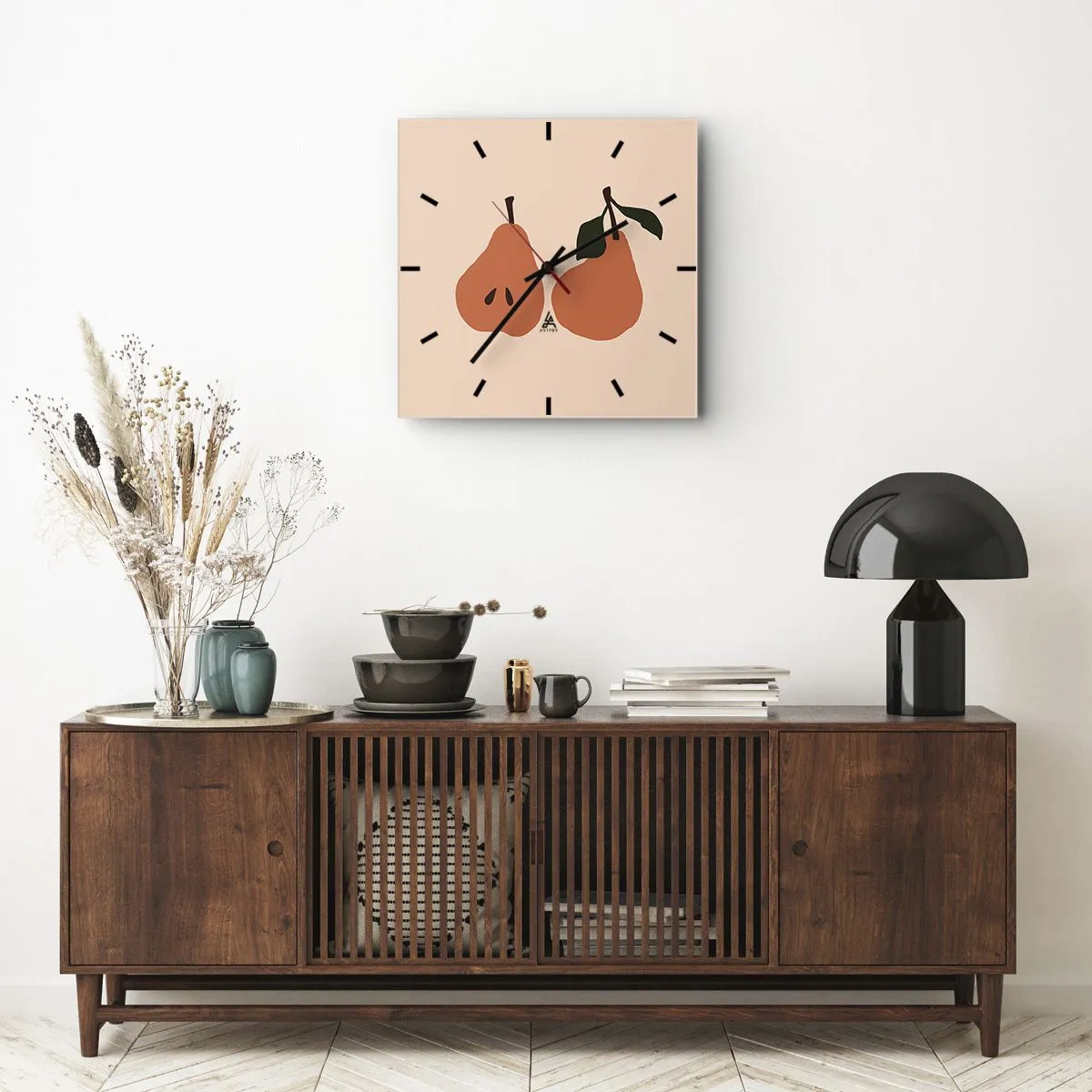 Wanduhr - Glasuhr - Eine minimalistische Illustration von zwei Birnen auf beigem Hintergrund. - 30x30cm - Pure Süße - Moderne Wanddekoration für Wohnzimmer und Schlafzimmer ARTTOR