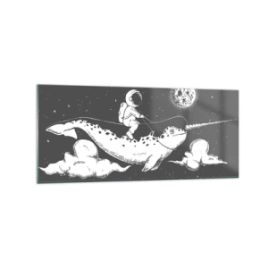 Glasbild - Bild auf glas - Ein Astronaut auf dem Rücken eines Narwals, der in einer Weltraumszene schwimmt. - 120x50cm - Weltraumreiter - Moderne Wanddekoration für Wohnzimmer und Schlafzimmer ARTTOR