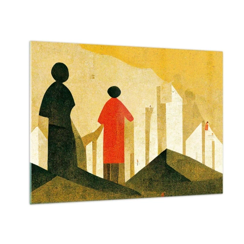 Glasbild - Bild auf glas - Geometrische Silhouetten von Figuren zwischen hohen Formen vor dem Hintergrund eines gelben Himmels - 70x50cm - Es ist noch ein langer Weg - Moderne Wanddekoration für Wohnzimmer und Schlafzimmer ARTTOR