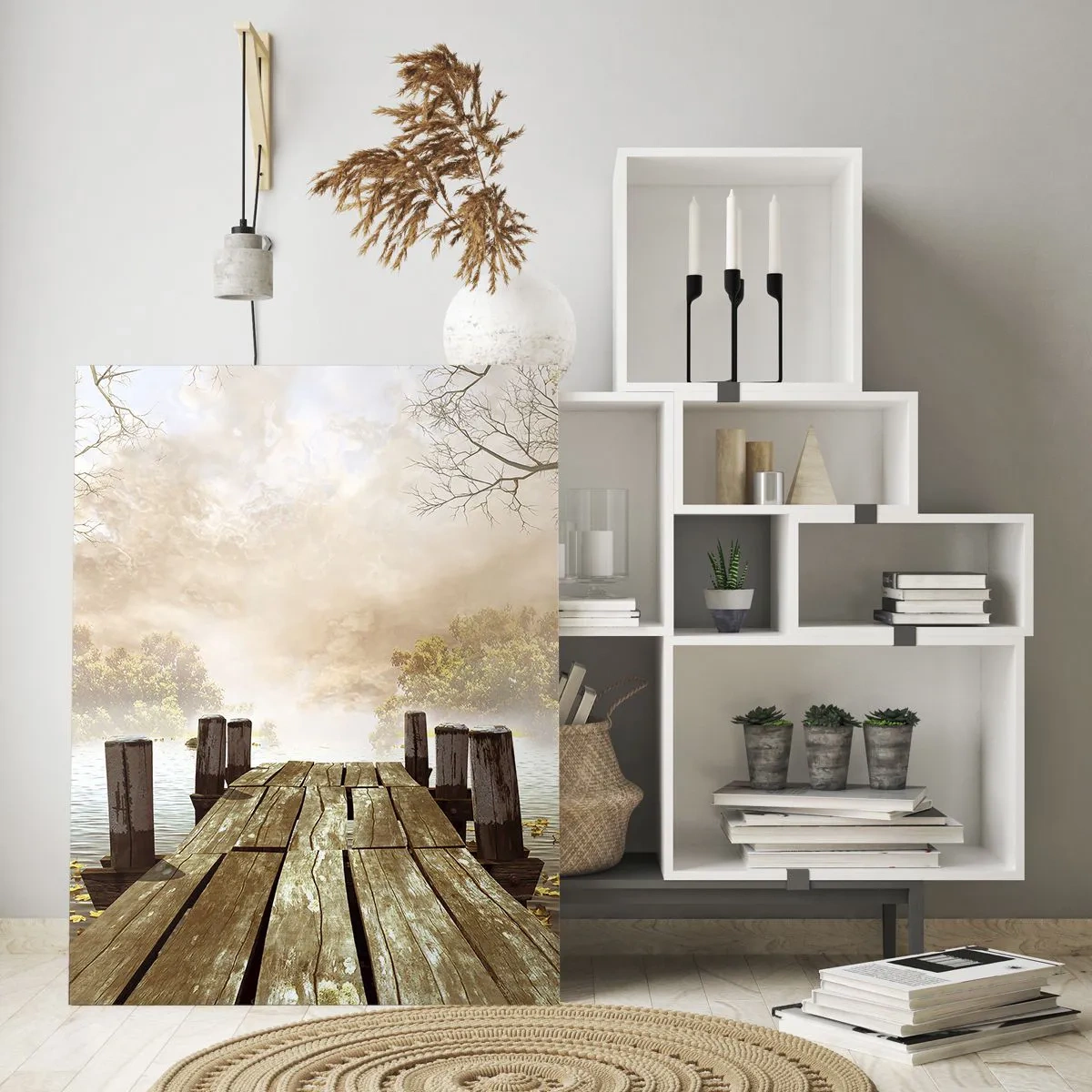 Glasbild - Bild auf glas - Ein Holzsteg über einem ruhigen See im Nebel - 50x70cm - Die milde Traurigkeit des Herbstes - Moderne Wanddekoration für Wohnzimmer und Schlafzimmer ARTTOR
