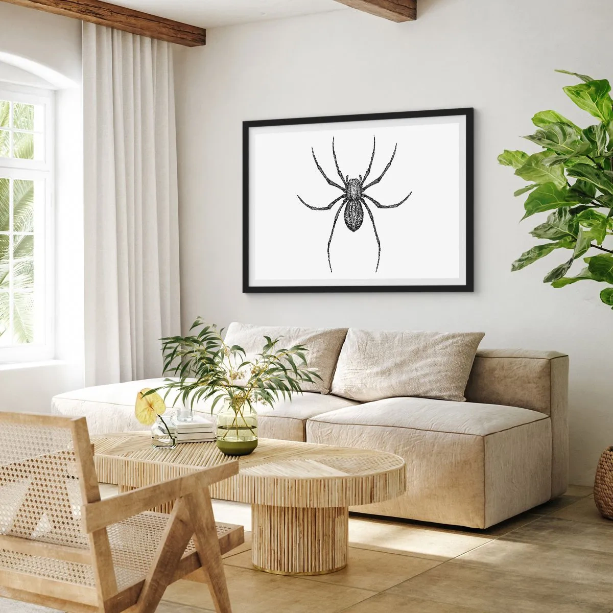 Poster in einem schwarzem Rahmen - Detail einer Spinne auf weißem Hintergrund im Cartoon-Stil - 100x70cm - Beunruhigende Präzision - Moderne Wanddekoration für Wohnzimmer und Schlafzimmer ARTTOR