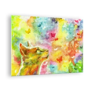 Glasbild - Bild auf glas - Eine Katze beobachtet bunte Schmetterlinge vor einem pastellfarbenen Hintergrund. - 70x50cm - Baju-baju im Katzenparadies - Moderne Wanddekoration für Wohnzimmer und Schlafzimmer ARTTOR