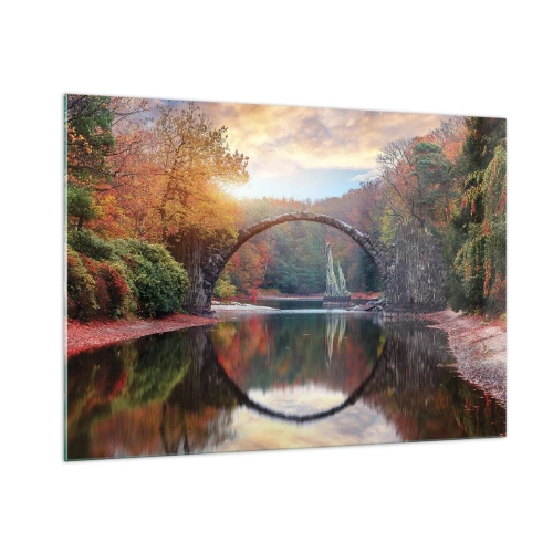 Glasbild - Bild auf glas - Eine Steinbrücke spiegelt sich in einem See inmitten eines herbstlichen Waldes - 100x70cm - Auf der anderen Seite des Spiegels - Moderne Wanddekoration für Wohnzimmer und Schlafzimmer ARTTOR
