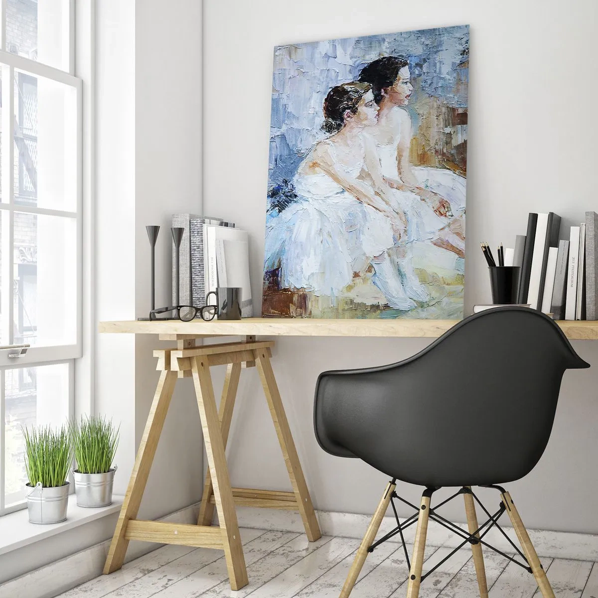 Glasbild - Bild auf glas - Zwei Ballerinas in weißen Outfits entspannen vor einem pastellfarbenen Hintergrund. - 80x120cm - Rest der jungen Schwäne - Moderne Wanddekoration für Wohnzimmer und Schlafzimmer ARTTOR