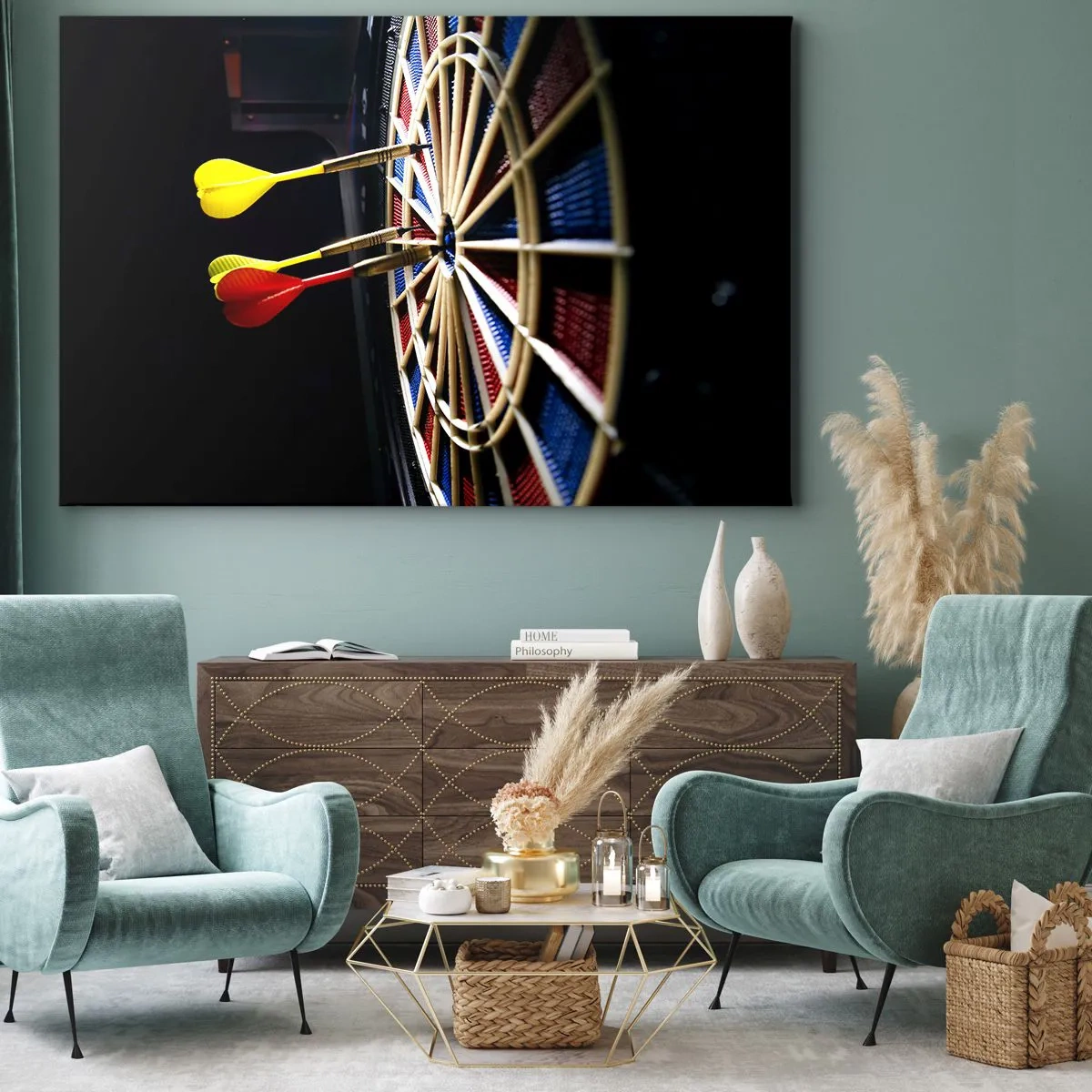 Bild auf Leinwand - Leinwandbild - Eine Dartscheibe mit getroffenen Darts auf schwarzem Hintergrund - 120x80cm - Auf den Punkt gebracht - Moderne Wanddekoration für Wohnzimmer und Schlafzimmer ARTTOR