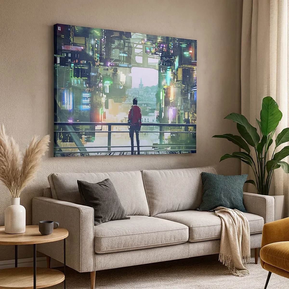 Bild auf Leinwand - Leinwandbild - Eine Figur in einer futuristischen Stadt mit Neonlichtern - 70x50cm - Zwei Welten - Moderne Wanddekoration für Wohnzimmer und Schlafzimmer ARTTOR