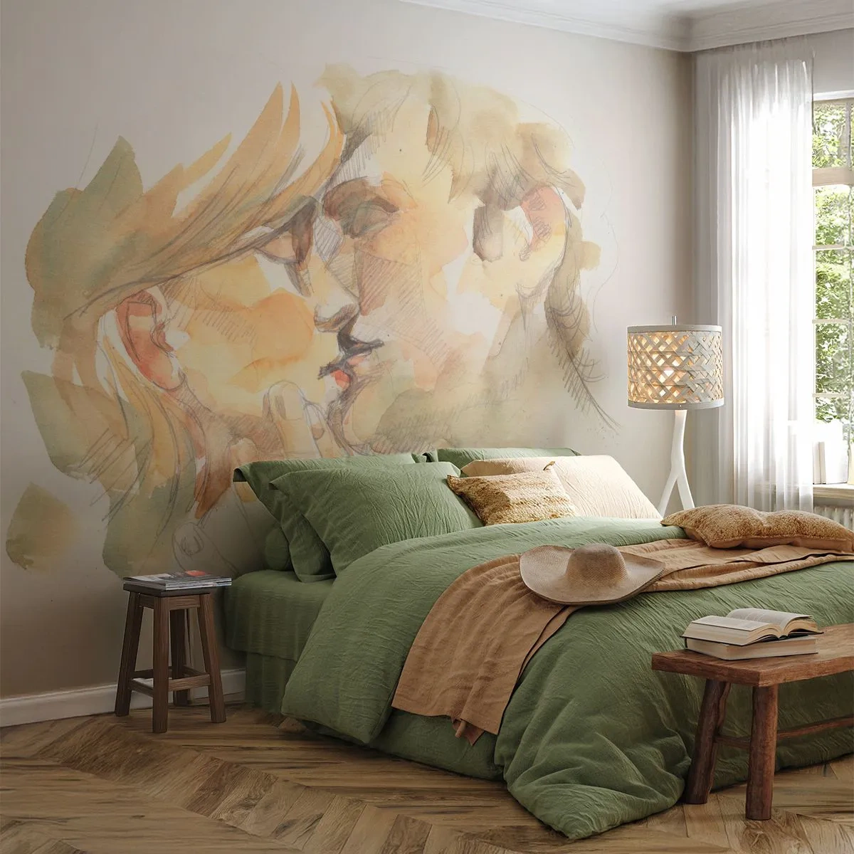 Fototapete Premium Sand - Eine Aquarellillustration eines sich küssenden Paares in warmen Tönen. - 100x70cm - Hälfte gefunden? - Moderne Wanddekoration für Wohnzimmer und Schlafzimmer ARTTOR