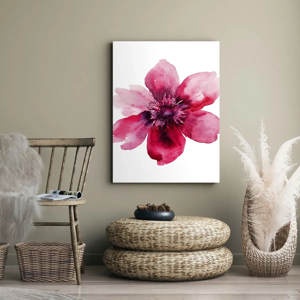 Bild auf Leinwand - Leinwandbild - Rosa Blume im Aquarellstil auf weißem Hintergrund - 80x120cm - Ein nach Karmin duftender Kuss - Moderne Wanddekoration für Wohnzimmer und Schlafzimmer ARTTOR