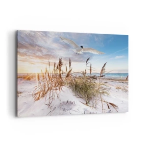 Bild auf Leinwand - Leinwandbild - Strand mit fliegenden Möwen bei Sonnenuntergang - 120x80cm - Wind vom Meer - Moderne Wanddekoration für Wohnzimmer und Schlafzimmer ARTTOR